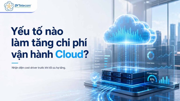 Minh họa featured về các yếu tố làm tăng chi phí vận hành Cloud, thể hiện hệ thống cloud doanh nghiệp, dashboard chi phí và các tín hiệu rủi ro vận hành.